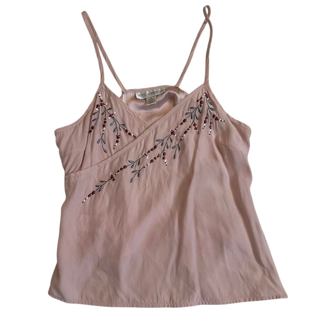 Vintage 90s Silk Pink embroidered beaded Cami Top - Picture 2 of 8